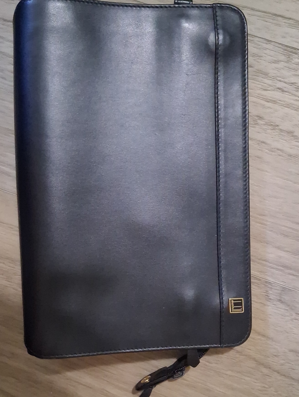 Dunhill Black Leather Zip Folio with Gold Logo Accent